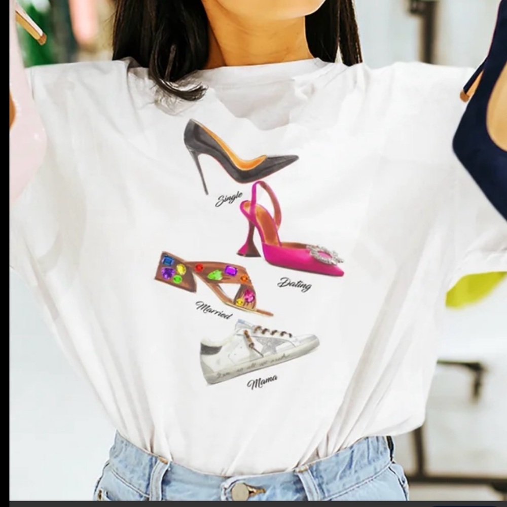 Women’s Graphic Tee with Pink and Gray Shoe Print - Unbranded